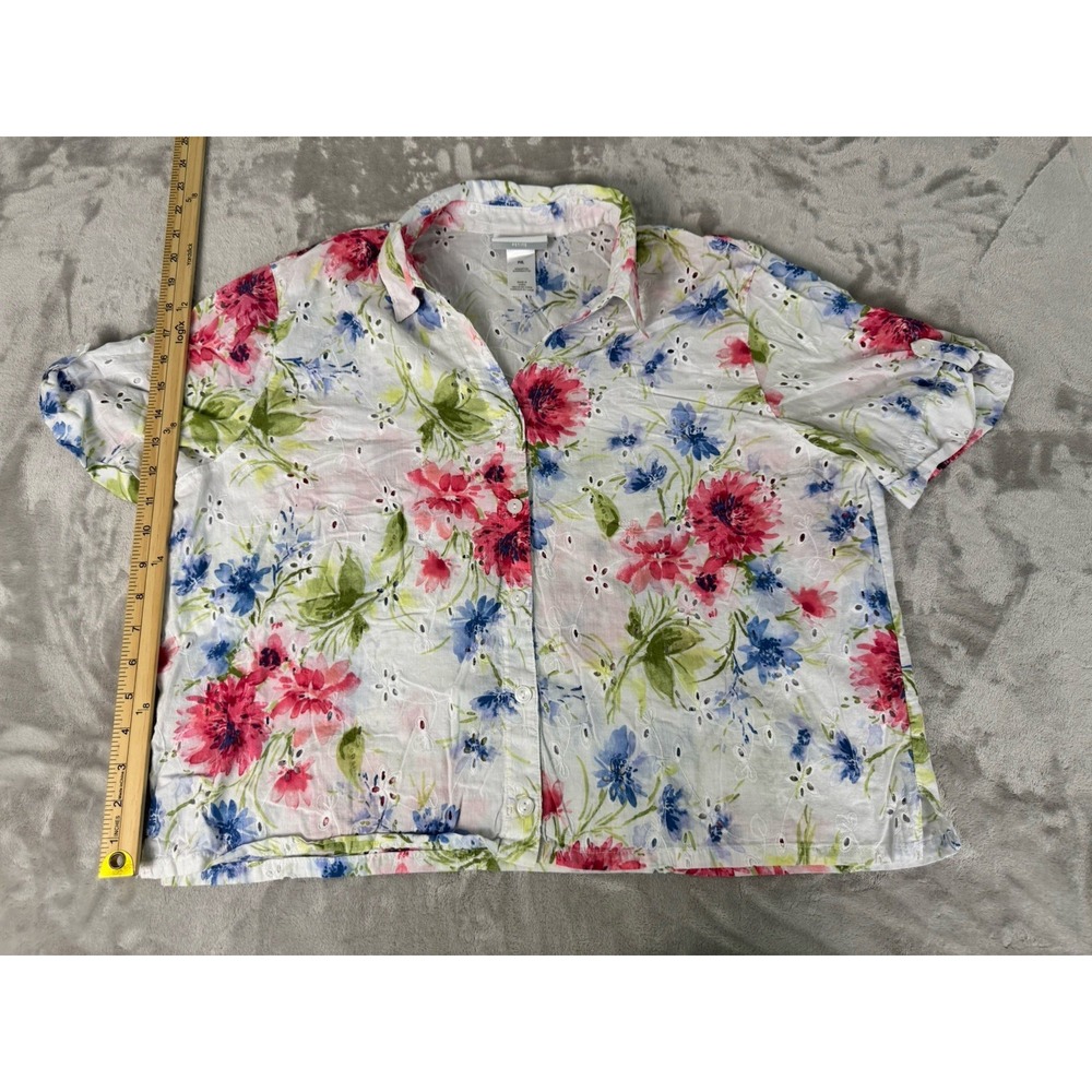 Alfred Dunner PXL Blouse Embroidered‎ Flowers Keyholes Cruise Wear Tropical